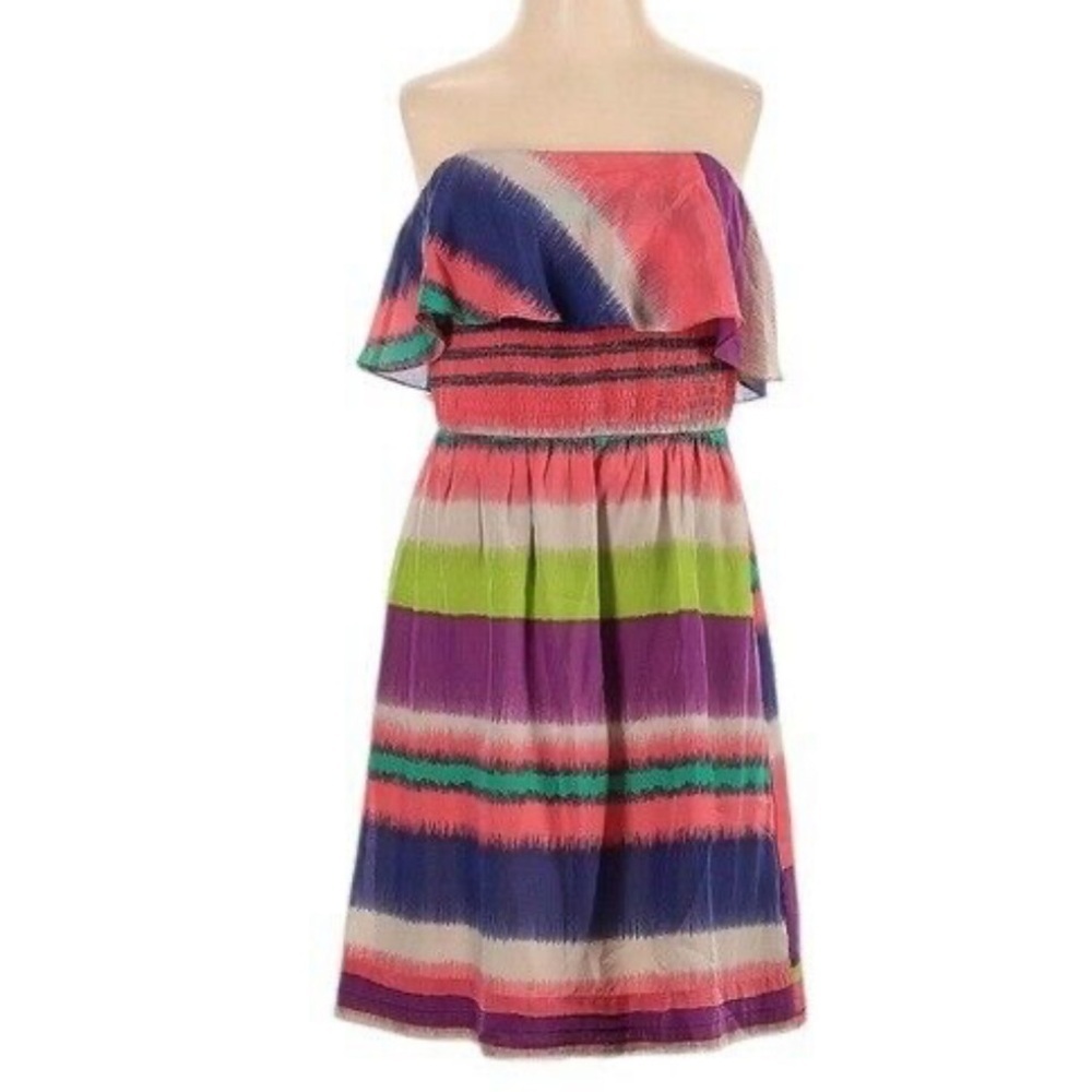 Shoshanna Rainbow Silk Strapless Dress with Smocked Waist